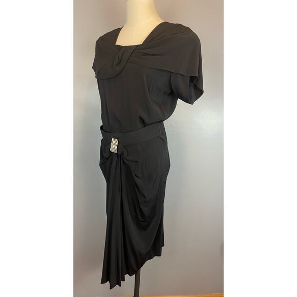Vintage 40s 50s Black Rayon Crepe Draped Midi Dress Med Lg Rhinestone Belt - Picture 6 of 10